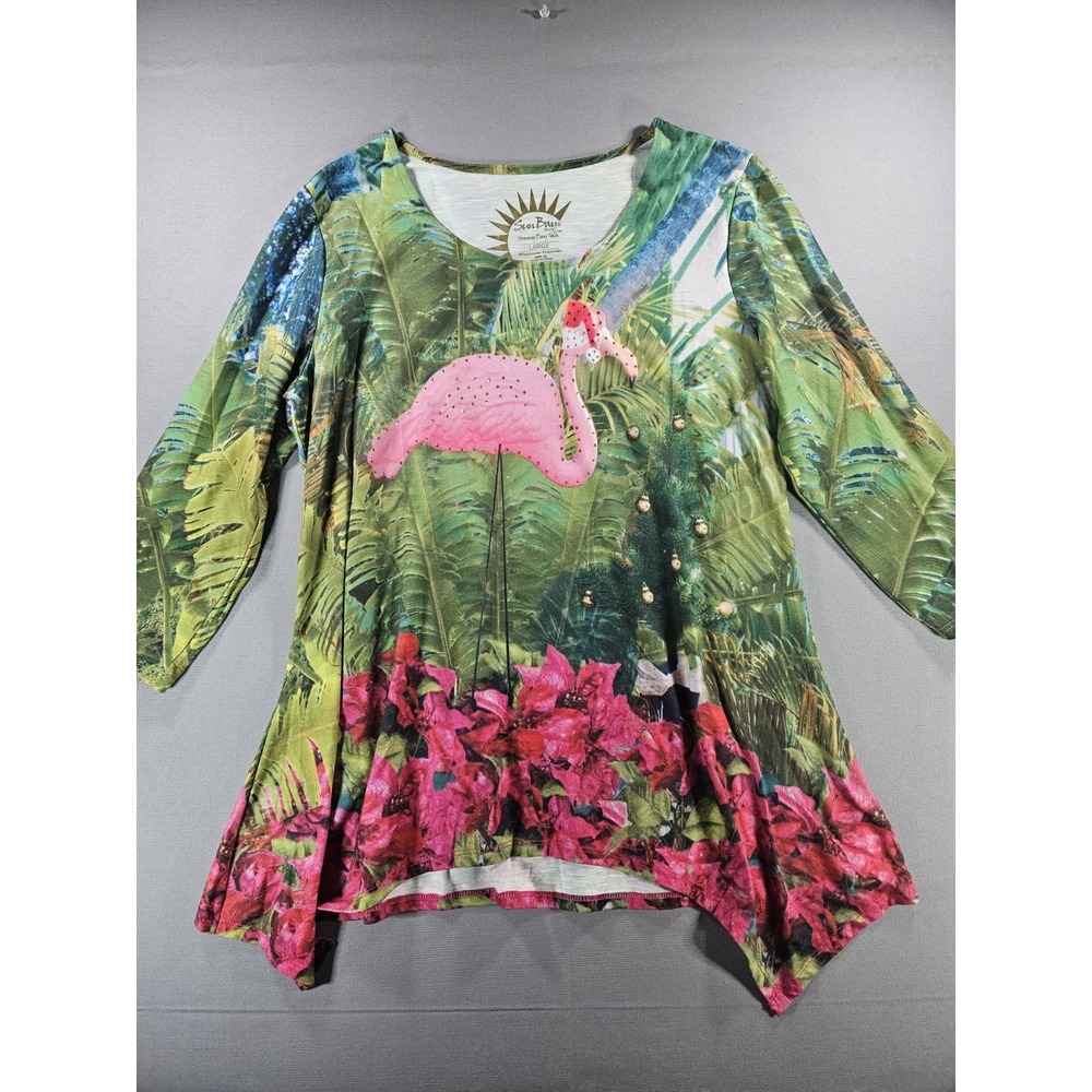 Sun Bay Christmas Flamingo Tunic Top Large Tropical Palm Sharkbite Holiday